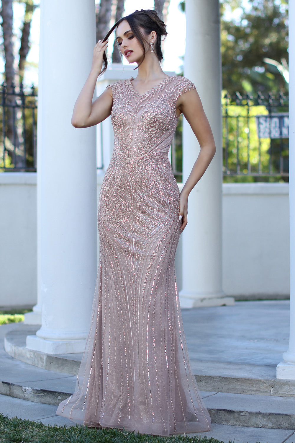 Adora 3272-03 V-Neck Cap Sleeve Beaded Mother of the Bride Dress